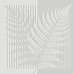 Wall Mural - Textured 3d fern leaves tropical striped pattern. Embossed ornamental floral background. Emboss white vector backdrop. Relief ornaments with surface fern branches, leaves, stripes.  Grunge texture.