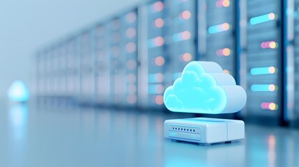 Poster - Server room with cloud computing server, illuminated blue cloud, and rows of data servers, representing modern digital storage solutions.