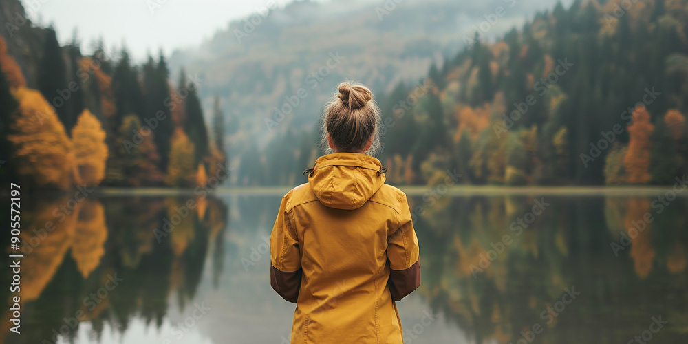 Back view of a young woman wearing yellow jacket standing in front of ...