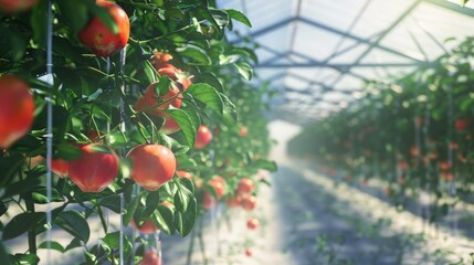 Poster - Apples hang from lush branches inside a well-lit greenhouse, showcasing their vibrant colors and healthy foliage.