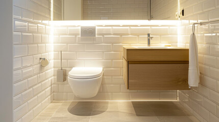 Wall Mural - A small modern minimalist bathroom with a sink and toilet, white restroom interior design with warm wood