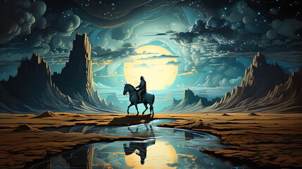 cowboy on horseback in a dark desert on a blue sky. Generative AI