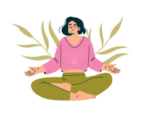 Wall Mural - Meditation with Woman Character Sitting in Lotus Pose Vector Illustration