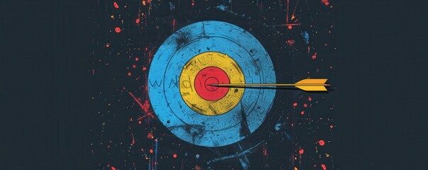 Wall Mural - Arrows hitting bullseye on colorful archery target, sport precision. Free copy space for text.