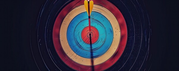 Wall Mural - Arrows hitting bullseye on colorful archery target, sport precision. Free copy space for text.