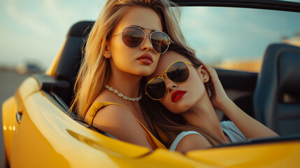 Two stylish and fashionable women enjoy a leisurely day in a vibrant yellow convertible car, exuding a sense of carefree summer vibes and confidence as they bask in the warm sunshine