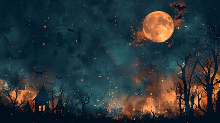 Wall Mural - a full moon is seen in the sky above a forest with bats