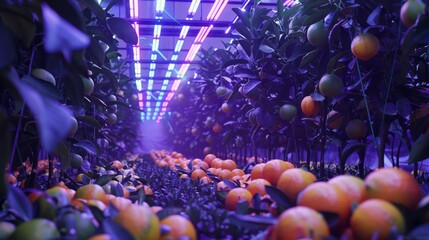 Poster - Oranges and green citrus fruits thrive in a greenhouse illuminated by colorful LED lights, creating a striking visual atmosphere.