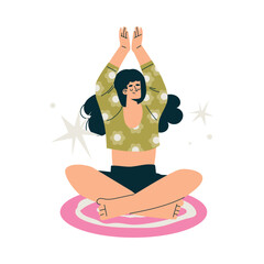 Wall Mural - Meditation with Woman Character on Mat Sitting in Lotus Pose Vector Illustration