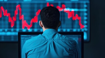 Poster - A focused professional analyzes market data on dual screens, depicting financial trends and stock movements in real time.