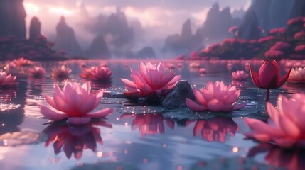 Poster - serene lily pond surrounded by majestic mountains at dusk with glowing reflections
