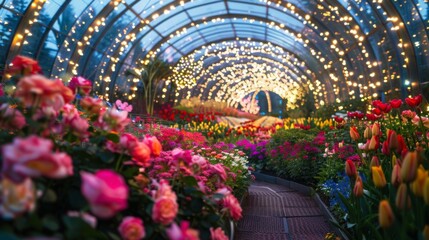 Poster - A vibrant garden filled with various blooming flowers illuminated by warm, twinkling lights, creating a magical atmosphere in the glasshouse during evening hours.
