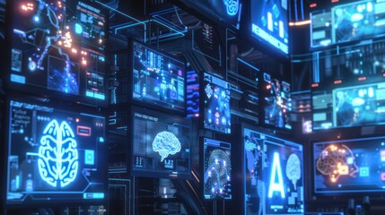 AI brain computer interface technology with holographic display and digital technology or holographic images Dark blue background with neon pattern.