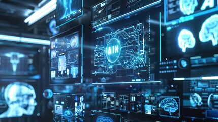 AI brain computer interface technology with holographic display and digital technology or holographic images Dark blue background with neon pattern.