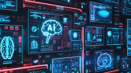 AI brain computer interface technology with holographic display and digital technology or holographic images Dark blue background with neon pattern.