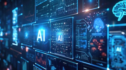AI brain computer interface technology with holographic display and digital technology or holographic images Dark blue background with neon pattern.