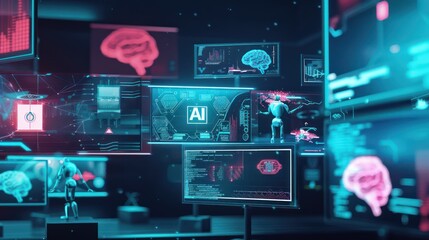 AI brain computer interface technology with holographic display and digital technology or holographic images Dark blue background with neon pattern.