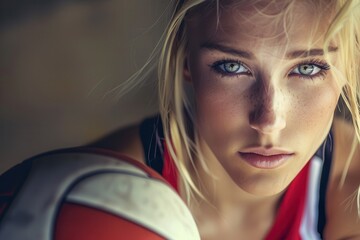 Wall Mural - Blonde woman volleyball player ready to serve, determined expression, close-up.