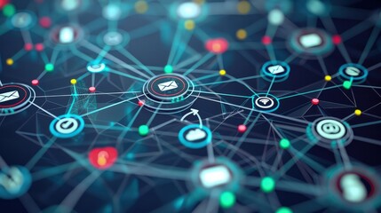 A close-up of a network diagram featuring various service icons like chat, email, and analytics connected through a central node. The style is high-tech with a focus on connectivity and interaction.