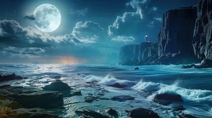 Wall Mural - a coastal scene with cliffs overlooking the ocean under a full moon, the waves gently crashing again