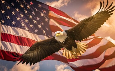 Patriotic Symbols: An eagle soaring with the American flag in the background., veteran day