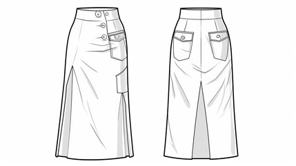 womens button front front split and maxi skirt technical fashion illustration with a patch pocket fl