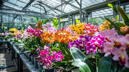 Aufkleber - Colorful orchids bloom abundantly in pots inside a greenhouse, illuminated by natural light streaming through the glass.