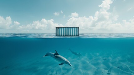 Wall Mural - A group of dolphins are swimming in the ocean near a large metal structure