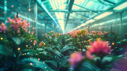 Aufkleber - Beautiful flowers blossom in a greenhouse, illuminated by vivid neon lights, creating a lively atmosphere.