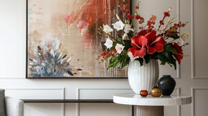 Poster - A beautiful arrangement of vibrant red and white flowers in a textured vase rests on a marble table against a stylish abstract painting and contemporary decor.