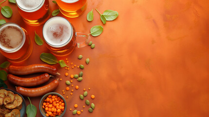 Glasses of beer and delicious beer snacks sausages with crispy chips on an orange background. Ideal for parties, social events and beer lovers. Flat lay