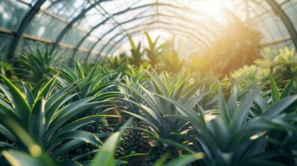 Poster - Sunlight streams through a greenhouse, illuminating lush rows of healthy pineapple plants growing in rich soil.