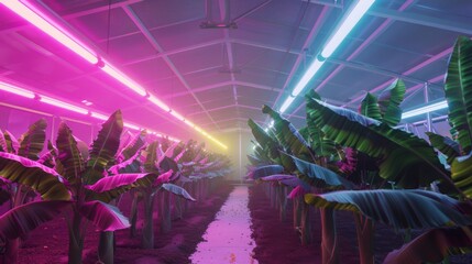 Poster - Neon lights illuminate rows of banana plants in a greenhouse, showcasing a lush and colorful indoor farming environment.