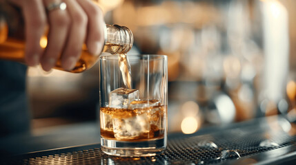 A close-up of a hand pouring whiskey with ice cubes into a glass at a bar counter.