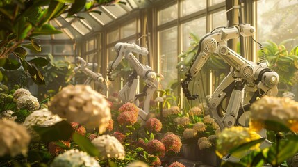 Poster - Robotic arms carefully groom and nurture colorful flowers inside a sunlit greenhouse filled with greenery.