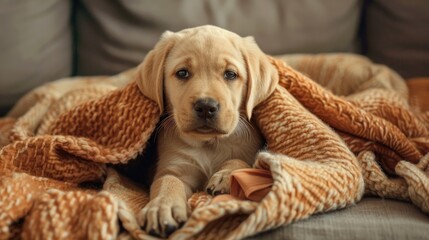 Labrador Retriever puppy on couch with blanket inside