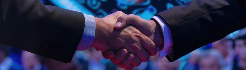 International leaders shaking hands with flags in the background.