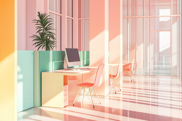 An abstract and beautiful illustration of pastel office furniture in a workplace, depicting a hardworking atmosphere. The pastel colors create a pleasant and inviting working environment.Generative AI