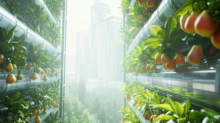 Aufkleber - A vertical garden filled with ripe fruits and vibrant greens stands against a backdrop of skyscrapers under bright sunlight.