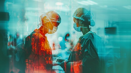 surgeon and nurse in operating room, abstract blurred image