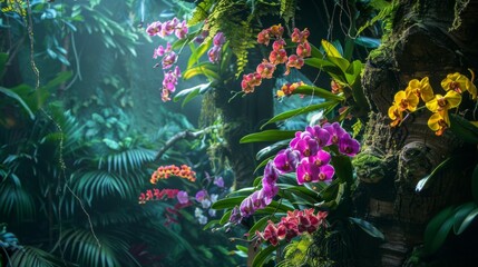 Aufkleber - Colorful orchids thrive among vivid greenery in a serene tropical environment, with sunlight filtering through the leaves.
