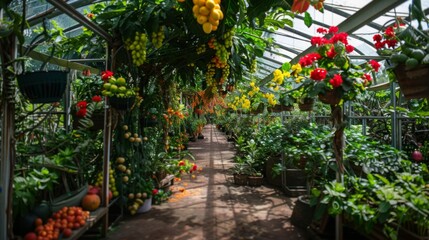 Aufkleber - A vibrant greenhouse teeming with hanging fruits and blooming flowers, showcasing rich greenery and a serene walkway beneath a glass roof.