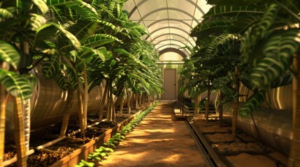 Poster - Sunlight filters through a greenhouse, illuminating rows of tall tropical plants and a sandy pathway, creating a vibrant and inviting atmosphere for growth.