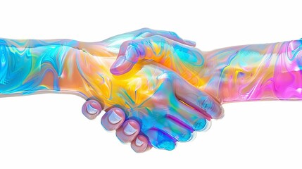 Two hands shaking over a colorful background