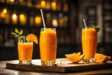 Fresh orange juices on a wooden table are ideal for brunch or to stay cool in summer. They offer a healthy option for a refreshing break