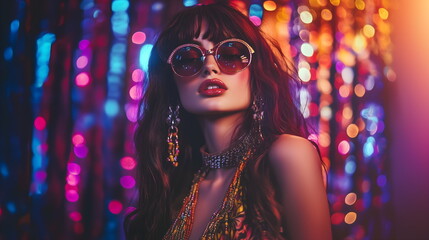 Beautiful young hippie girl in fashionable bohemian style clothes at neon party. Fashionable banner for night club.