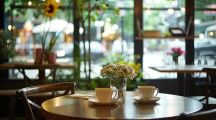 Two Cups of Coffee on a Table by a Window