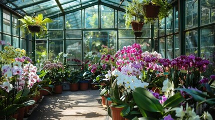 Aufkleber - Colorful orchids bloom in a greenhouse, showcasing a variety of flowers in pots and hanging planters, illuminated by natural sunlight.