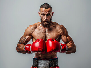 Wall Mural - Captivating Portrait of a Strong Boxer in Gloves Ready for Action