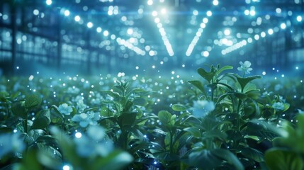 Poster - A vibrant greenhouse showcases blooming flowers amid rich greenery, illuminated by a soft, ambient light, creating a serene atmosphere.